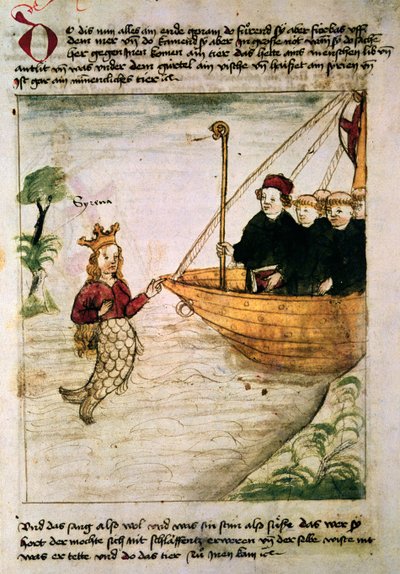 Saint Brendan et une sirène, de la traduction allemande de Navigatio Sancti Brendani Abbatis, vers 1476 - German School